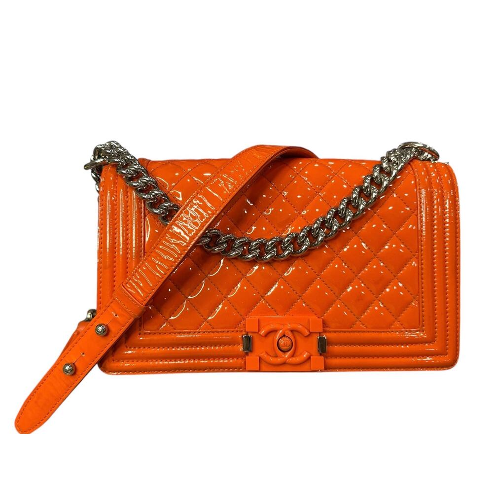 Chanel Patent Calfskin Quilted Medium Plexiglass Boy Flap Orange